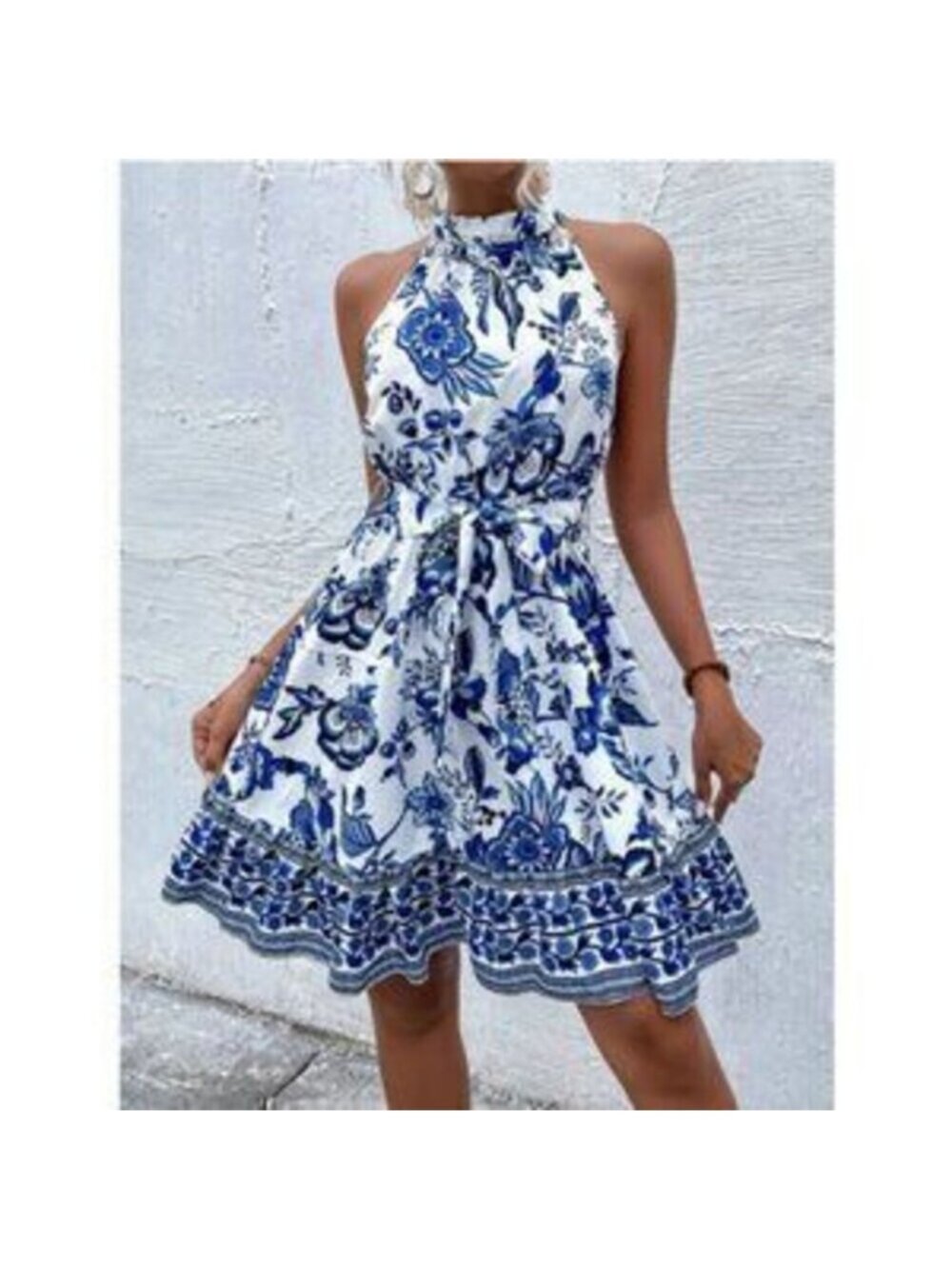 Blue And White Boho Womens Floral Print Belted Halter Dress